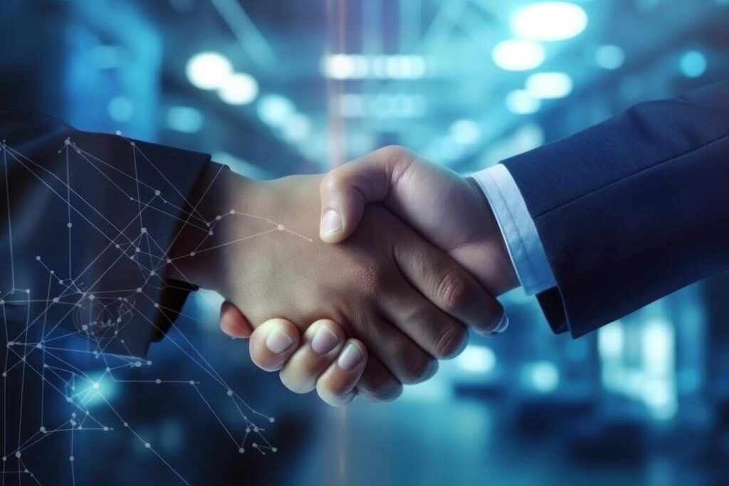 Maket Reach businessmen making handshake with partner business joint venture concept generative ai photo