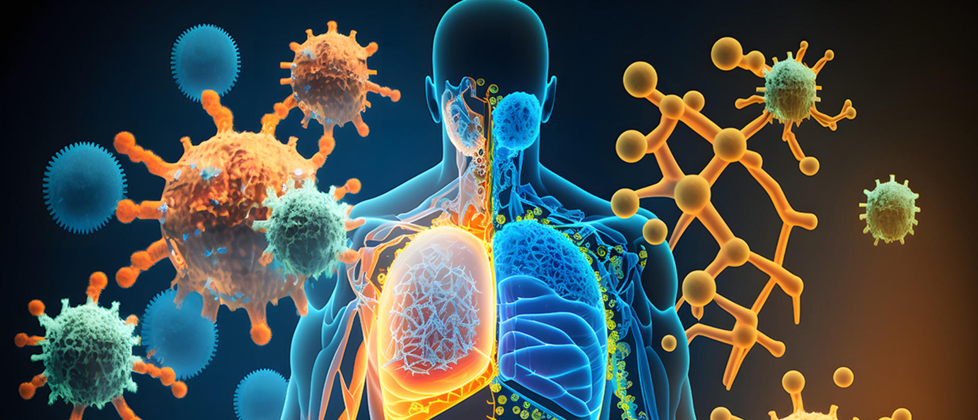 human immune system silhouette with various virus cells and bact